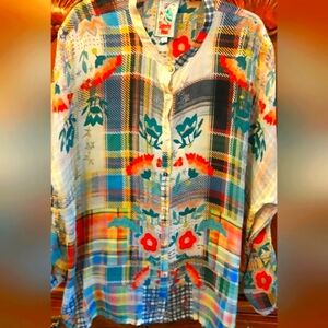 SZ M JOHNNY WAS FLOWY RAYON BUTTON-DOWN SHIRT BLOUSE BOHO PLAID FLORAL
